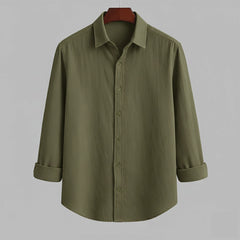 Men's Olive Khaki Textured Casual Shirt | Roll-Up Sleeve Button-Down