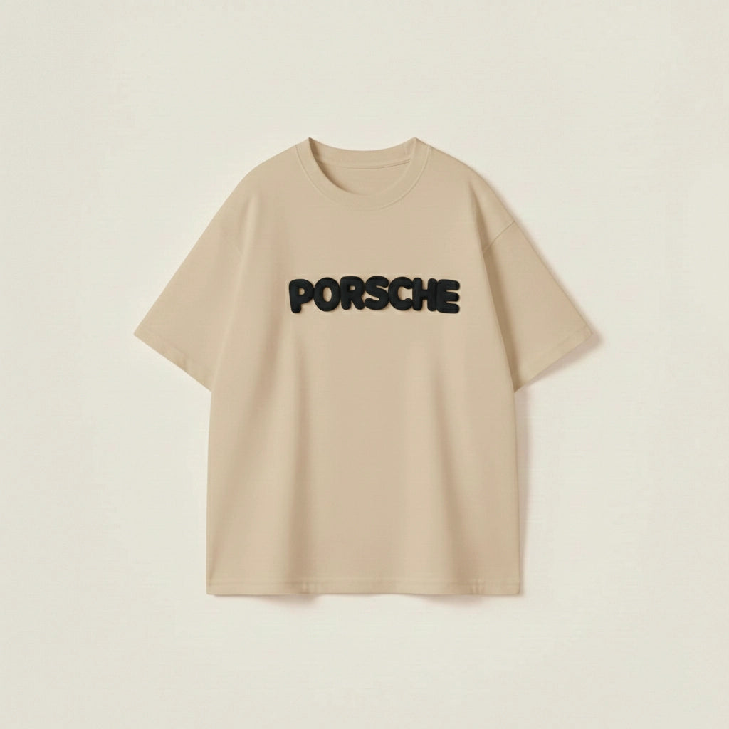 Men’s beige oversized cotton t-shirt with black Porsche 3D puff print graphic