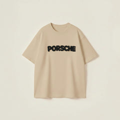 Men’s beige oversized cotton t-shirt with black Porsche 3D puff print graphic