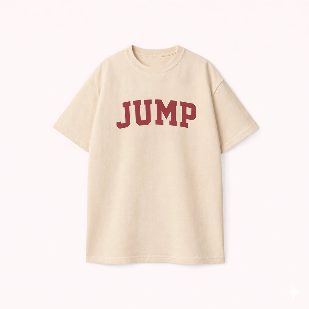Oversized T-shirt for men in beige featuring a maroon JUMP varsity graphic print in streetwear style.