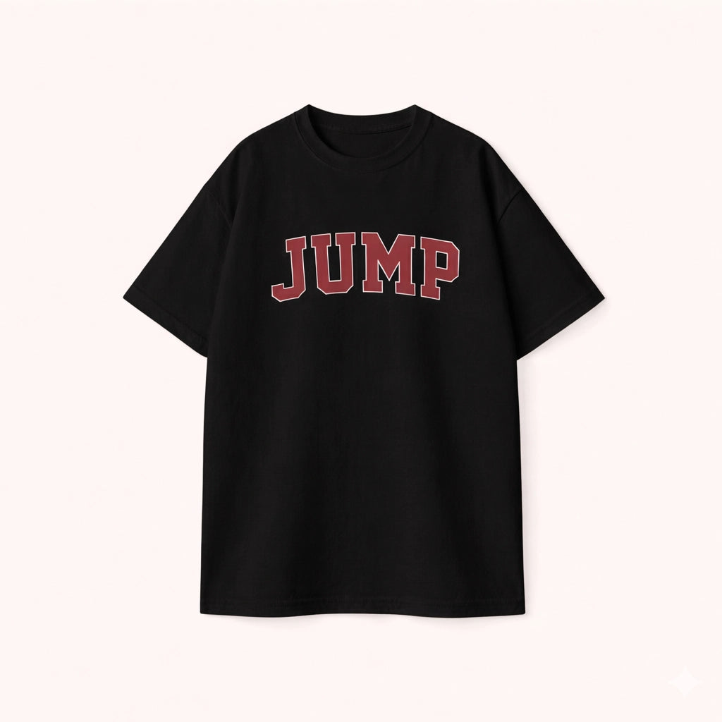 Men’s black oversized cotton t-shirt with  JUMP varsity graphic print on the front.
