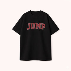 Men’s black oversized cotton t-shirt with  JUMP varsity graphic print on the front.
