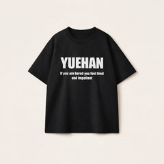 Oversized cotton t-shirt for men in black featuring a white Yuehan slogan print with a relaxed urban streetwear fit.