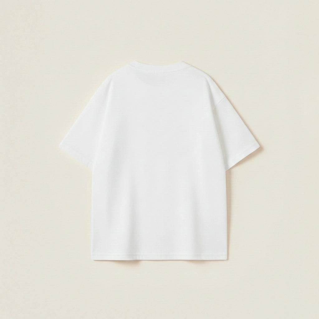 White drop shoulder oversized t-shirt for men with black athletic inspired dynasty crew design.
