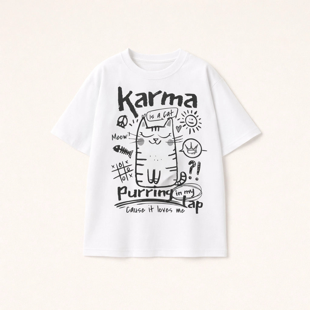 Oversized white t-shirt for men with Karma is a cat purring in my lap hand-drawn doodle graphic print.