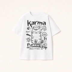 Oversized white t-shirt for men with Karma is a cat purring in my lap hand-drawn doodle graphic print.