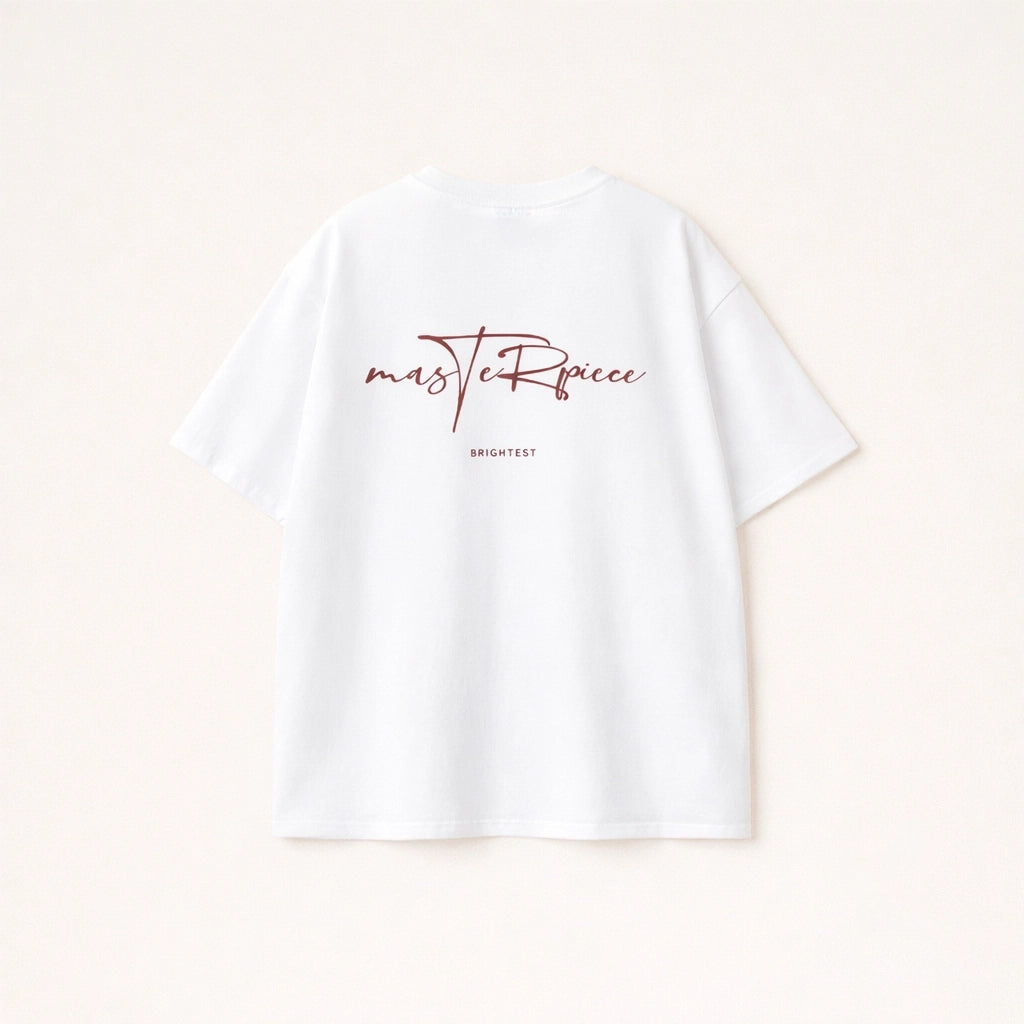 White t-shirt with red text on a light beige background