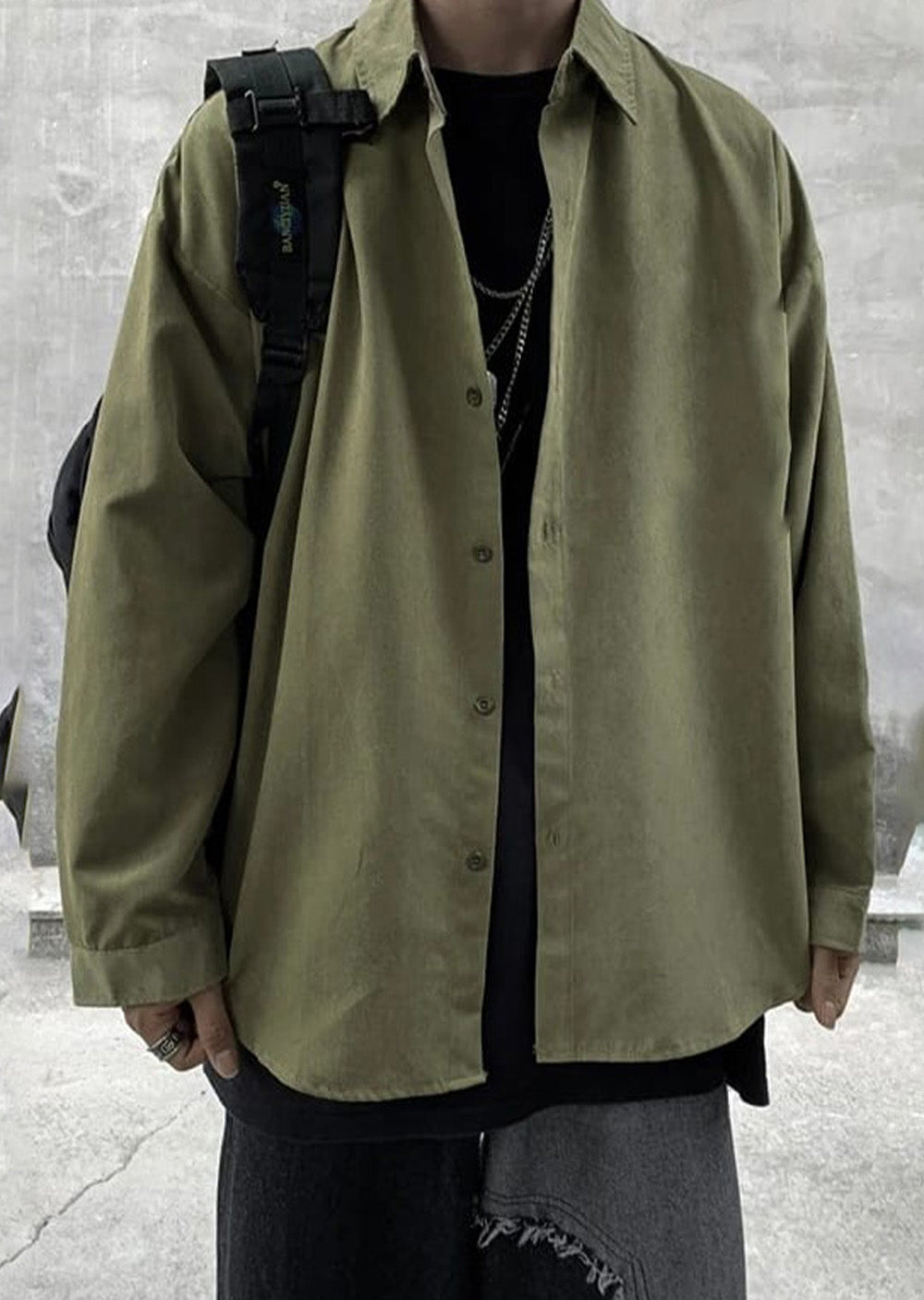 Japanese-Inspired Military Green Oversized Men's Shirt