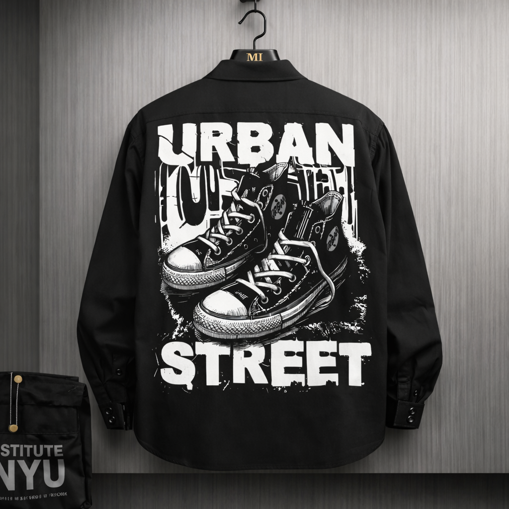 Black oversized shirt with Urban Street sneaker graphic back print streetwear design for men.