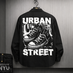 Black oversized shirt with Urban Street sneaker graphic back print streetwear design for men.