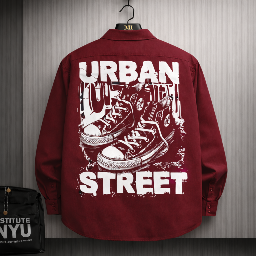 Maroon oversized shirt with Urban Street sneaker graphic back print streetwear design for men.