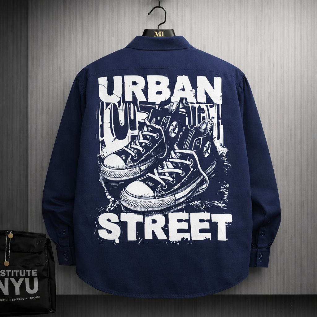 Navy blue oversized shirt with Urban Street sneaker graphic back print streetwear design for men.