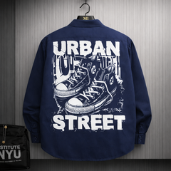 Navy blue oversized shirt with Urban Street sneaker graphic back print streetwear design for men.