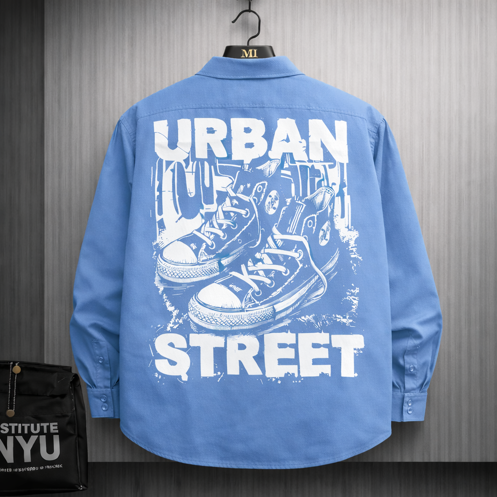 Sky blue oversized shirt with Urban Street sneaker graphic back print streetwear design for men.
