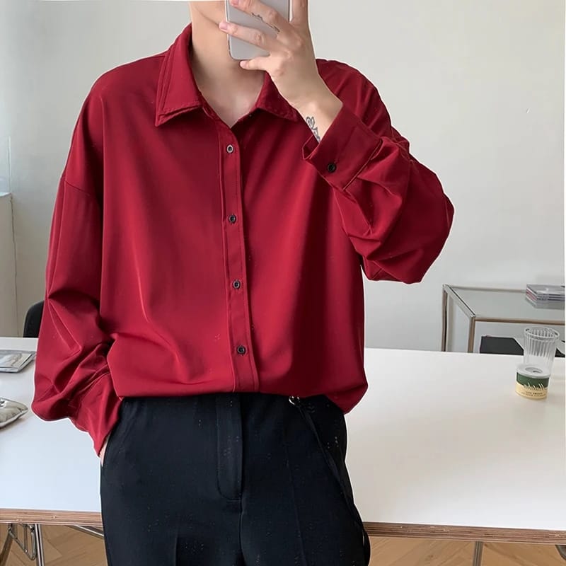 Double collar Japanese style men Wine color oversized shirt