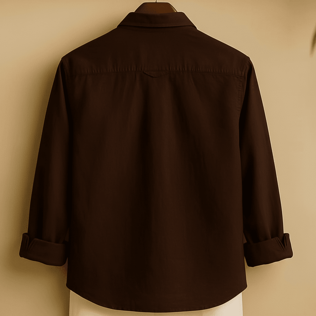 A dark brown long-sleeved men's casual shirt, displayed from the back.
