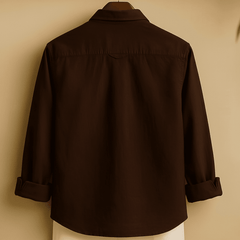 A dark brown long-sleeved men's casual shirt, displayed from the back.