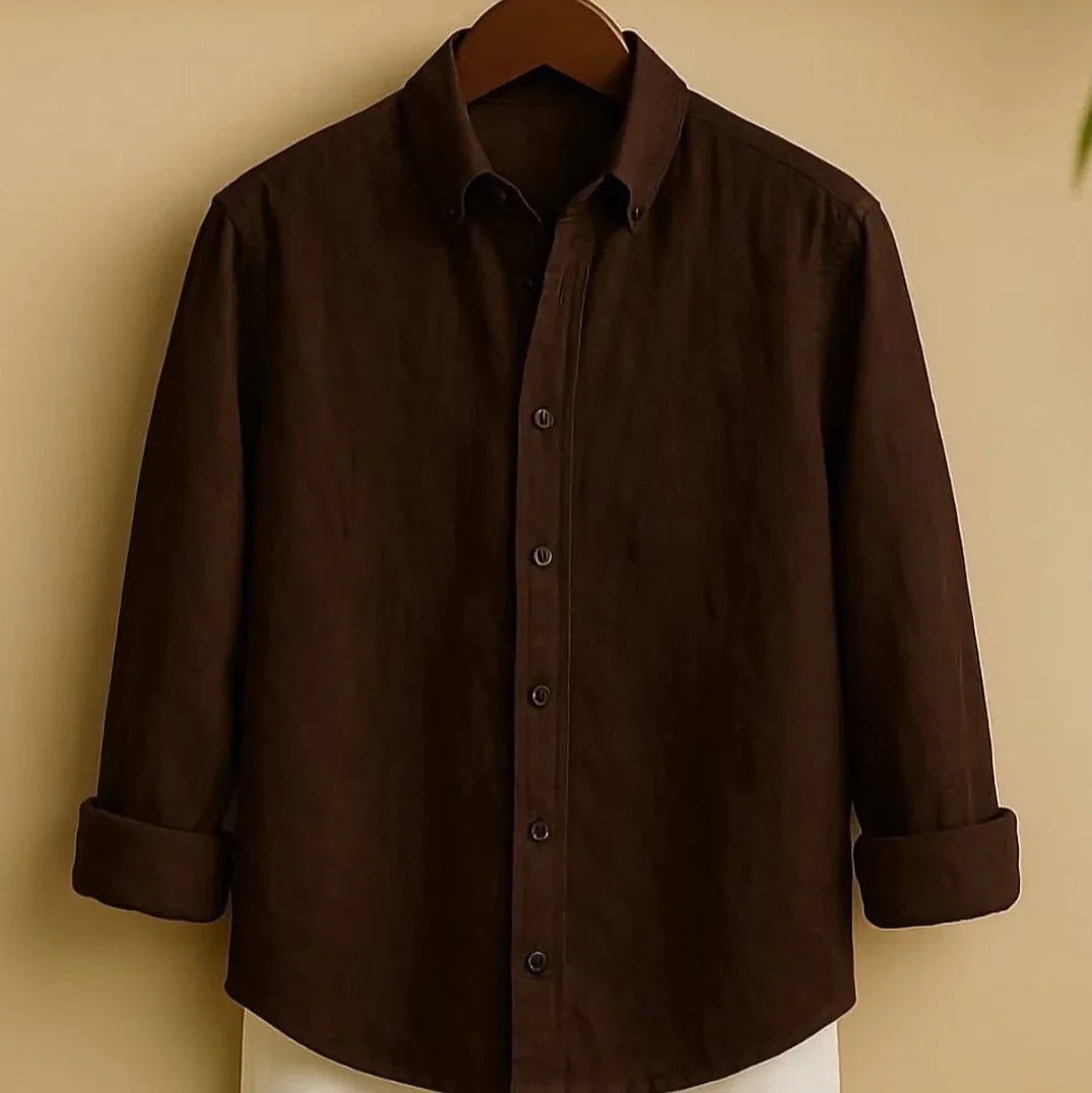 A dark brown long-sleeved men's casual shirt with a button-down collar, displayed from the front.