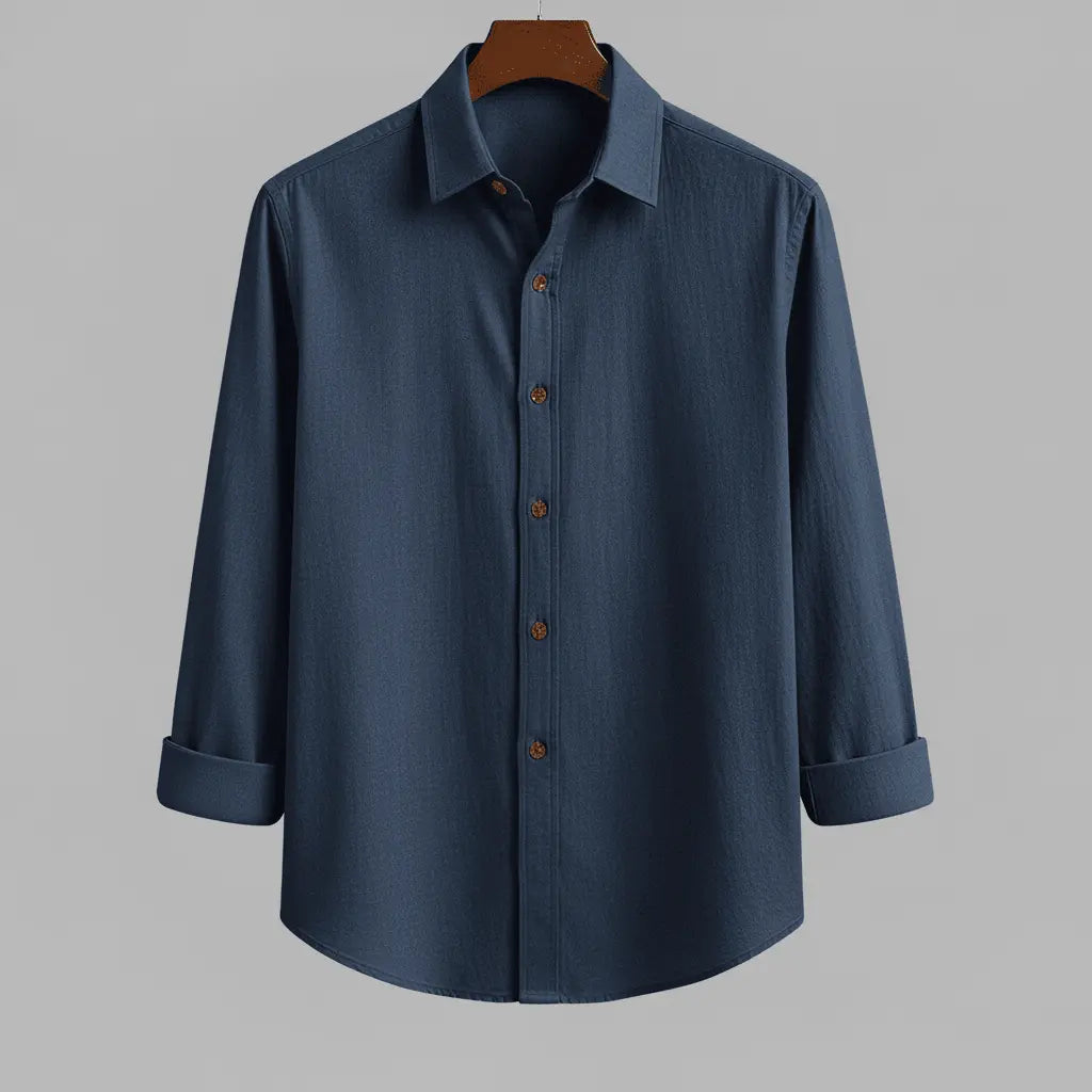 Men's deep navy textured full sleeve shirt with wooden buttons, front view, hanging on a wooden hanger against a neutral grey background.