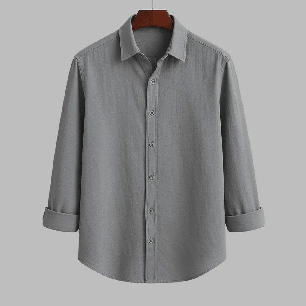 A grey long-sleeved men's casual shirt with a button-down collar, displayed from the front.