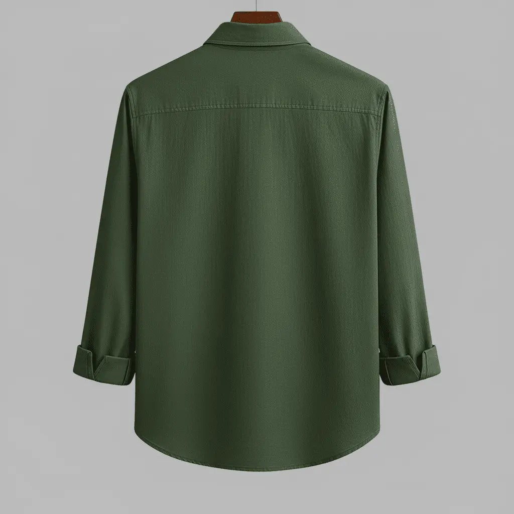 Men's olive green textured full sleeve shirt, back view, displayed on a wooden hanger against a grey background, showcasing the relaxed fit and texture.