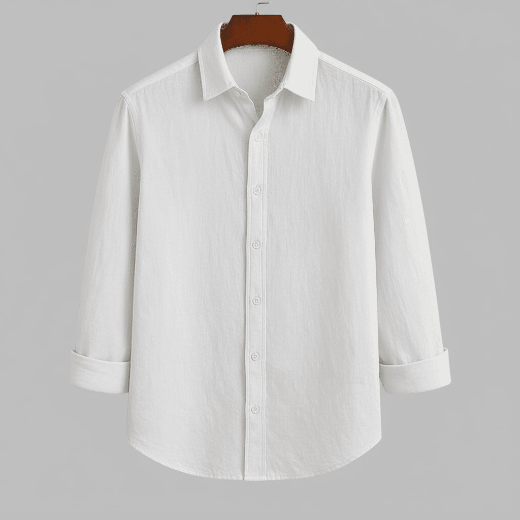 Men's pure white textured full sleeve shirt, front view, hanging on a dark wooden hanger against a light grey background
