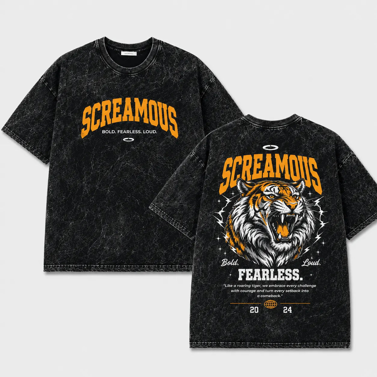 Men's Oversized Acid Wash T-Shirt – Roaring Tiger Graphic Print Streetwear Tee