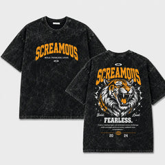 Men's Oversized Acid Wash T-Shirt – Roaring Tiger Graphic Print Streetwear Tee