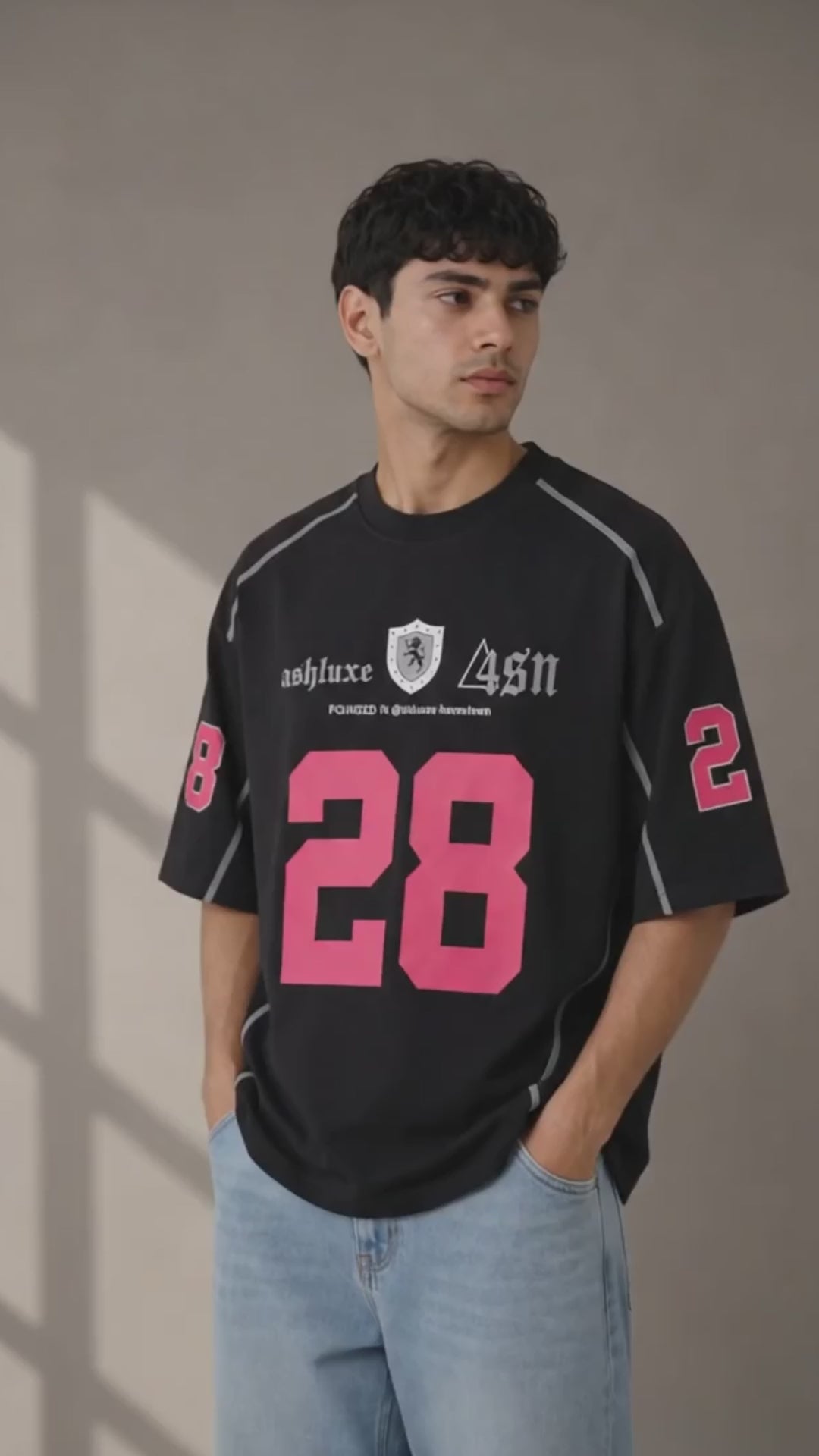 ASHLUXE 28 Oversized Varsity Jersey T-Shirt – Black Premium Streetwear Tee