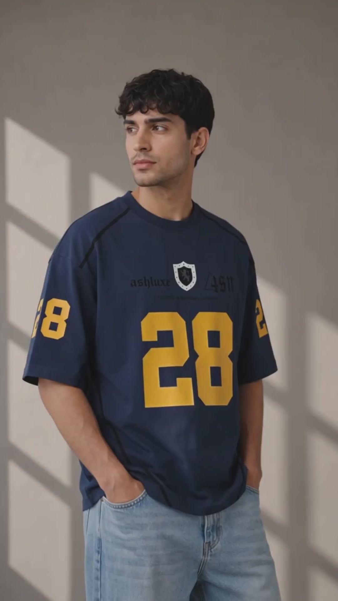 ASHLUXE 28 Oversized Varsity Jersey T-Shirt – Navy Premium Streetwear Tee