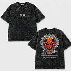 Men's Oversized Acid Wash T-Shirt – Japanese Hannya Mask Graphic Print Streetwear Tee
