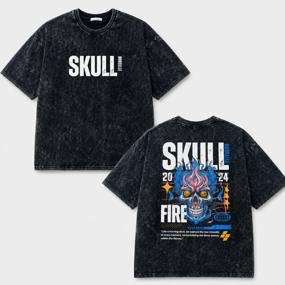 Men's Oversized Acid Wash T-Shirt – SKULL Borcelle Graphic Print Streetwear Tee